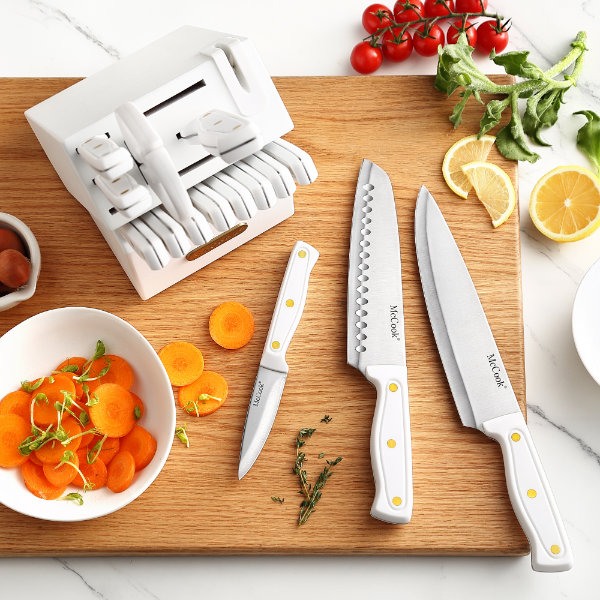Knife Set with Built-in Sharpener Block, MC703 Kitchen Knife Set with Block, 26 Pcs High Carbon Stainless Steel Kitchen Knife Sets with Block Self Sharpening, White