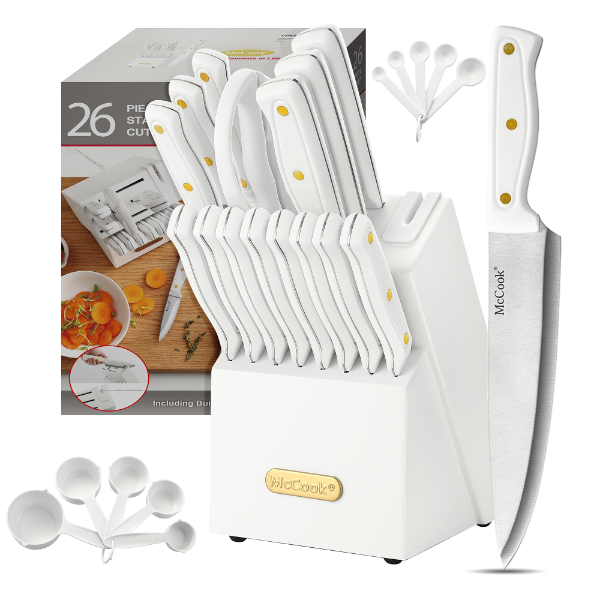 Knife Set with Built-in Sharpener Block, MC703 Kitchen Knife Set with Block, 26 Pcs High Carbon Stainless Steel Kitchen Knife Sets with Block Self Sharpening, White