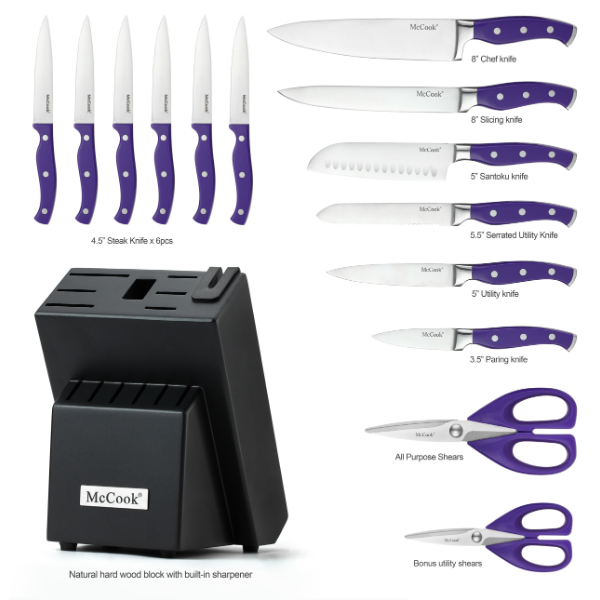 McCook MC27 14 Pieces Stainless Steel kitchen knife set with Wooden Block, Kitchen Scissors and Built-in Sharpener, Purple