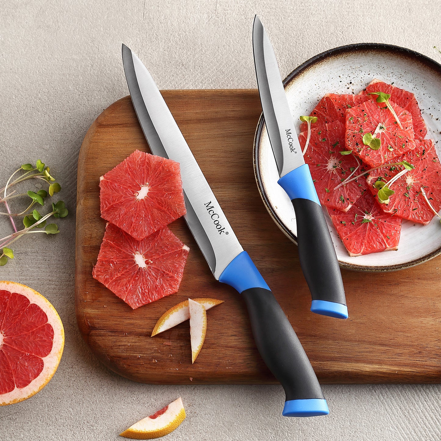 MC706,McCook Knife Set For Home, 24PCS Ultra- Sharp Cutlery Knife Set with Steel Blades for Precise Cutting,Lightweight, Stainless Steel Knife Set with Built-in Knife Sharpener,Measuring Cups and Spoons