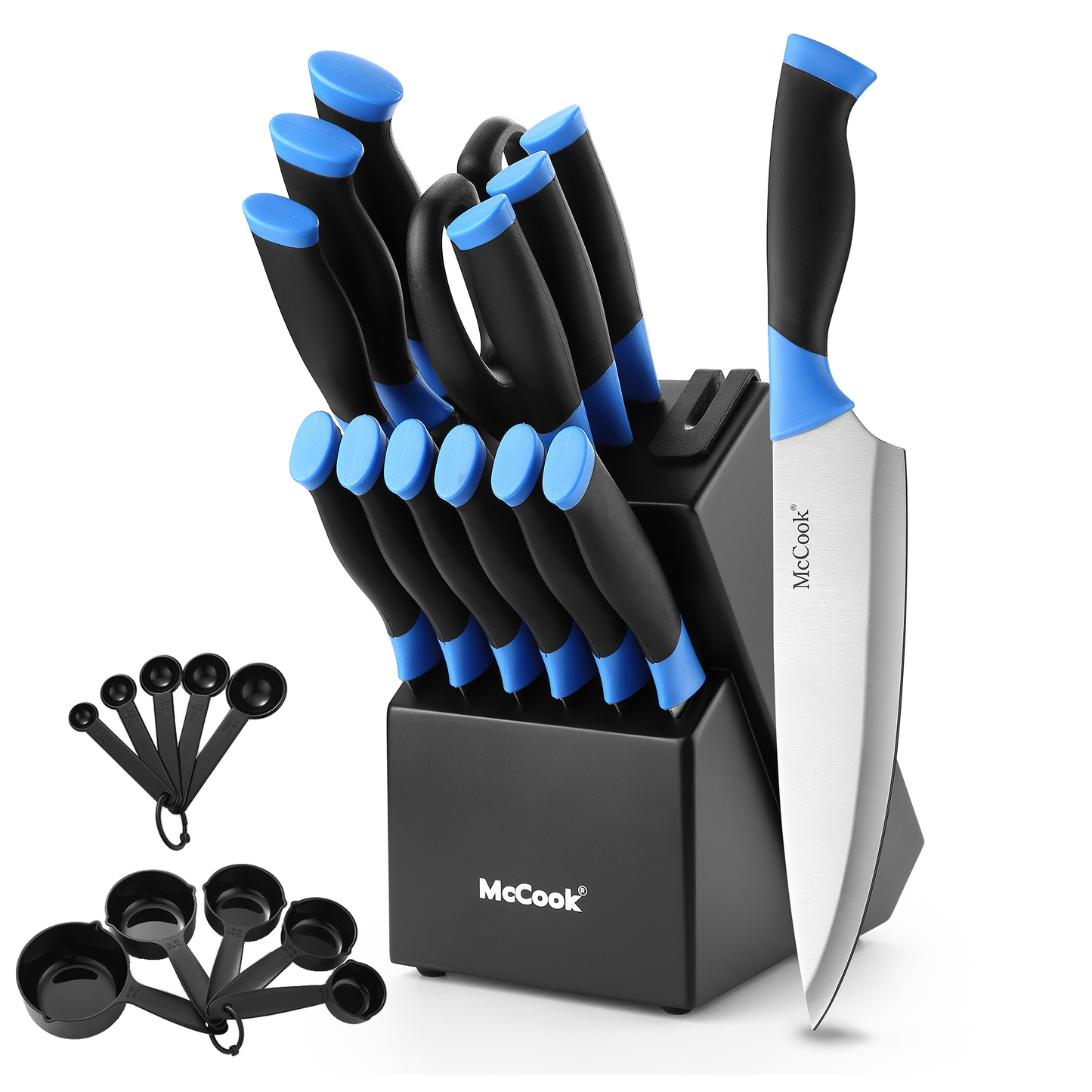 MC706,McCook Knife Set For Home, 24PCS Ultra- Sharp Cutlery Knife Set with Steel Blades for Precise Cutting,Lightweight, Stainless Steel Knife Set with Built-in Knife Sharpener,Measuring Cups and Spoons