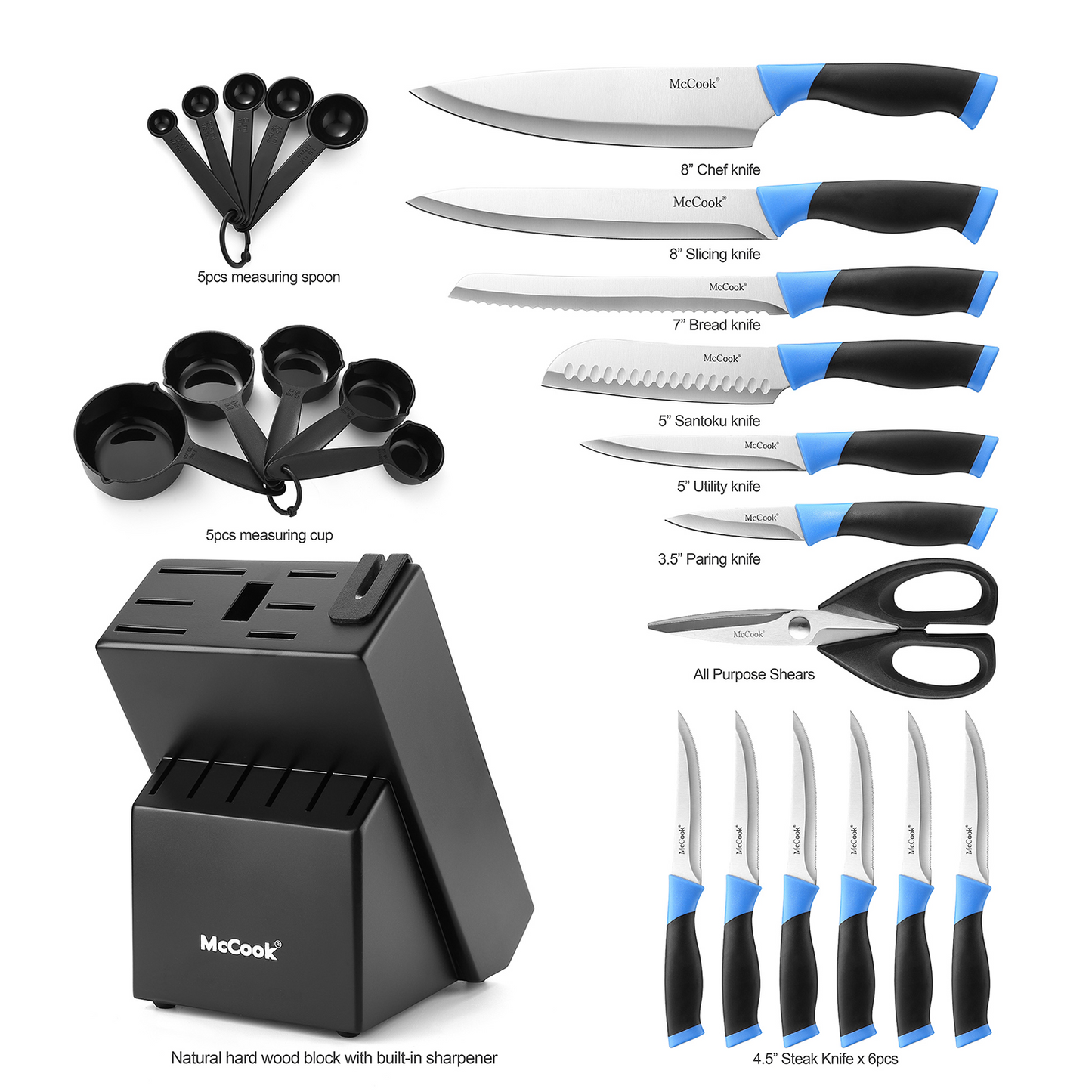 MC706,McCook Knife Set For Home, 24PCS Ultra- Sharp Cutlery Knife Set with Steel Blades for Precise Cutting,Lightweight, Stainless Steel Knife Set with Built-in Knife Sharpener,Measuring Cups and Spoons