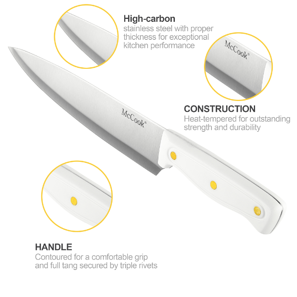 Knife Set with Built-in Sharpener Block, MC703 Kitchen Knife Set with Block, 26 Pcs High Carbon Stainless Steel Kitchen Knife Sets with Block Self Sharpening, White