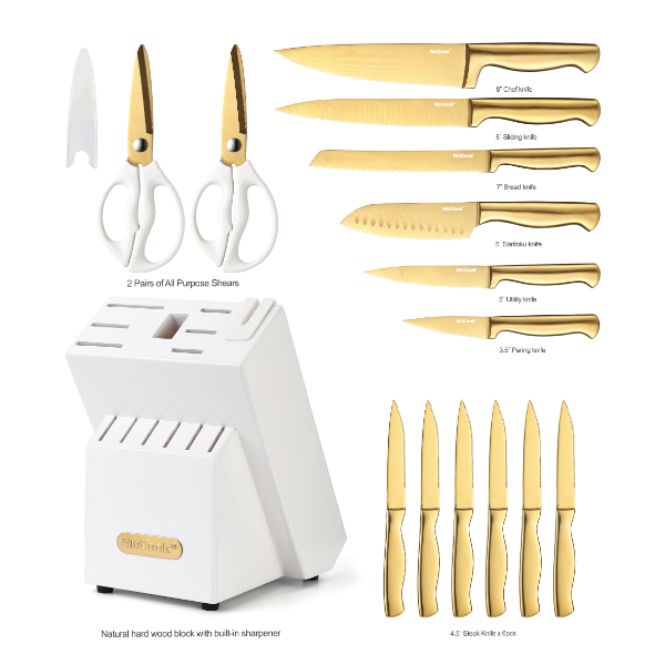 McCook® Knife Sets, MC21G Golden Titanium Stainless Steel Kitchen Knife Block Sets with Built-in Sharpener