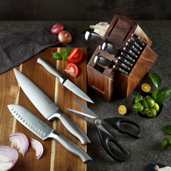 McCook® Premium Knife Sets,MC20 Full Tang Hammered German Stainless Steel Kitchen Knife Set with 8 Pieces Steak Knives and Acacia Block
