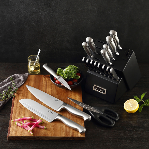 McCook® Knife Sets,MC69B German Stainless Steel Kitchen Knives Block Set with Built-in Sharpener