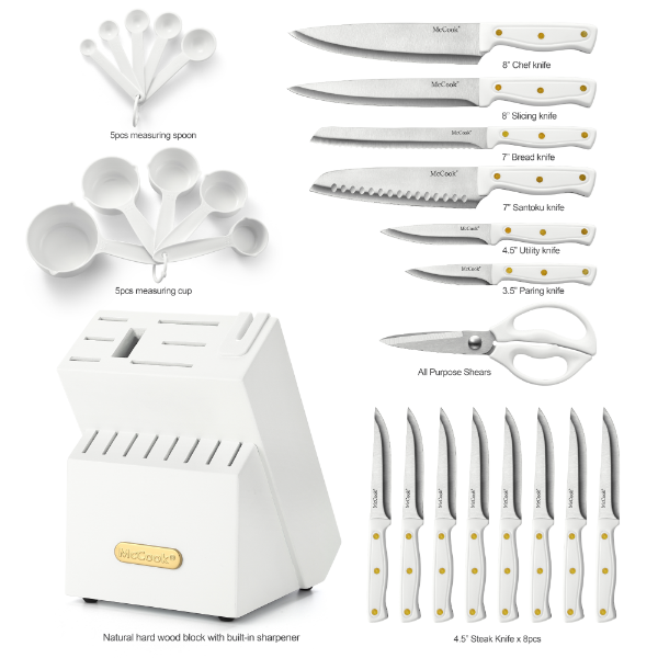 Knife Set with Built-in Sharpener Block, MC703 Kitchen Knife Set with Block, 26 Pcs High Carbon Stainless Steel Kitchen Knife Sets with Block Self Sharpening, White