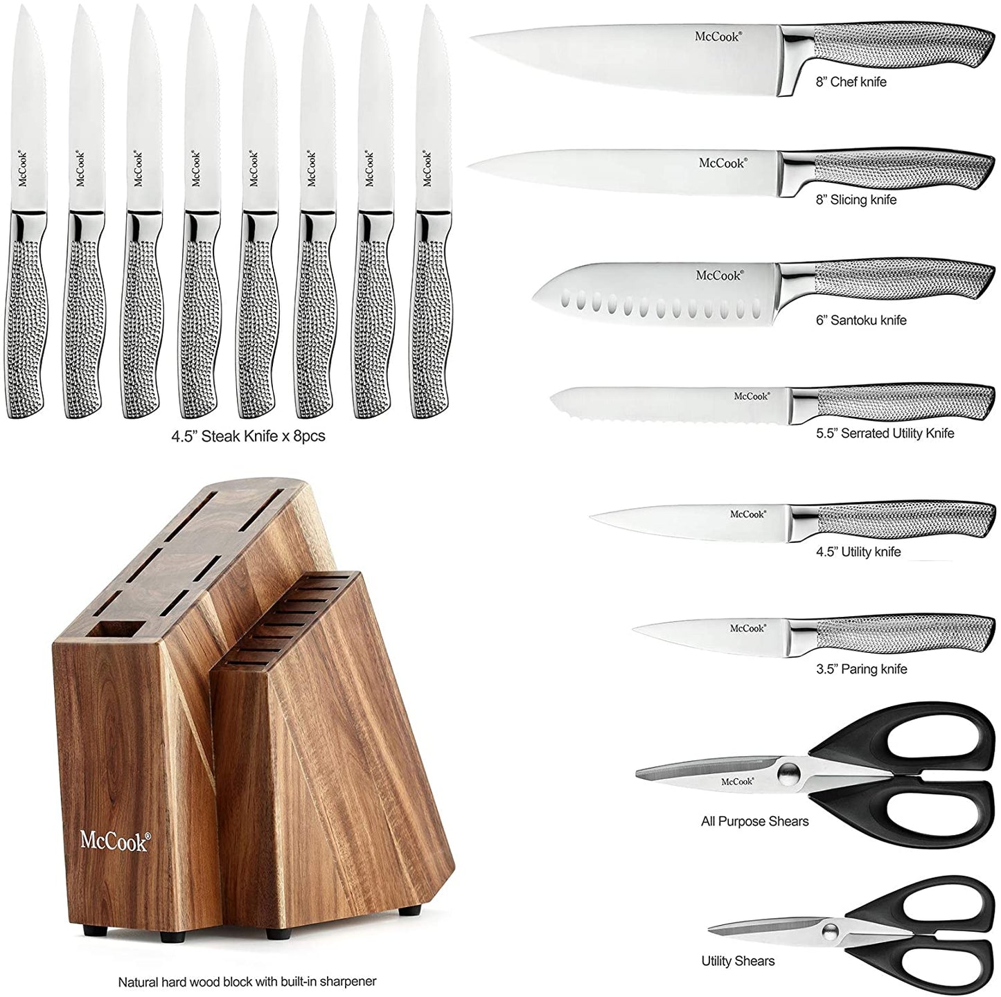 McCook® Premium Knife Sets,MC20 Full Tang Hammered German Stainless Steel Kitchen Knife Set with 8 Pieces Steak Knives and Acacia Block