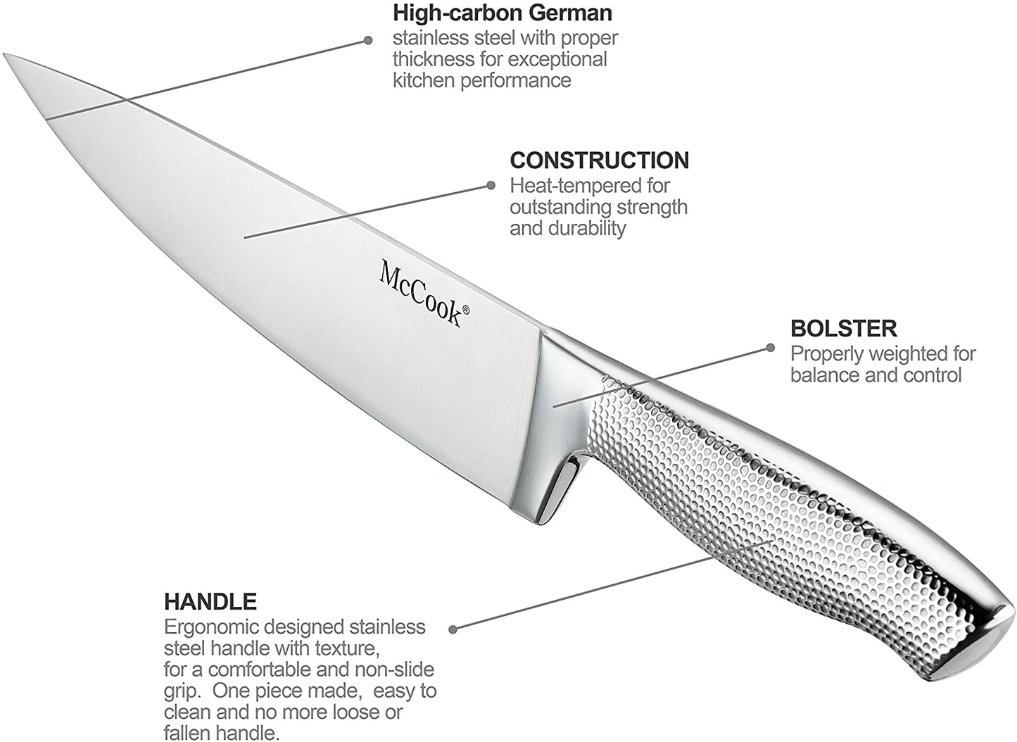 McCook® Premium Knife Sets,MC20 Full Tang Hammered German Stainless Steel Kitchen Knife Set with 8 Pieces Steak Knives and Acacia Block