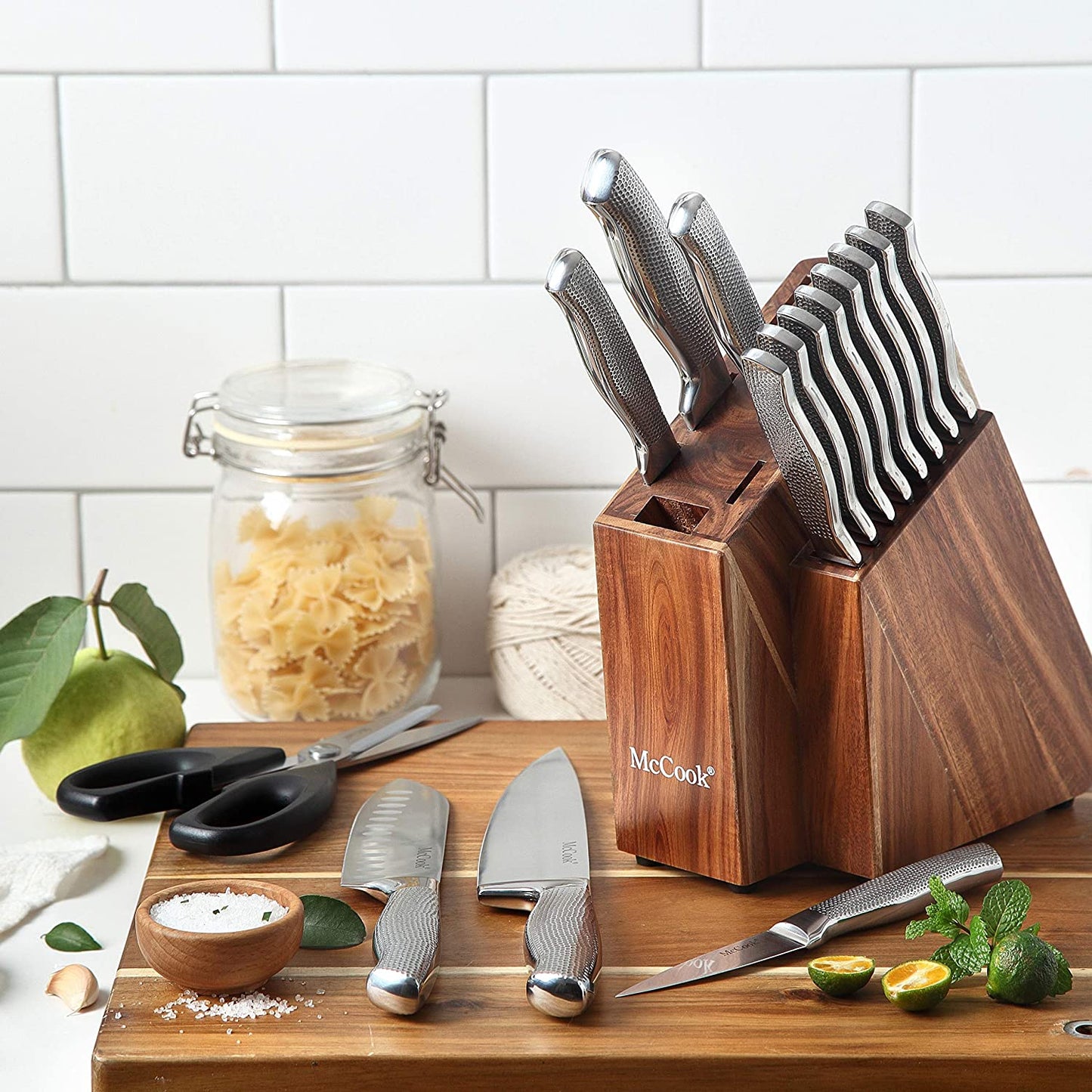 McCook® Premium Knife Sets,MC20 Full Tang Hammered German Stainless Steel Kitchen Knife Set with 8 Pieces Steak Knives and Acacia Block