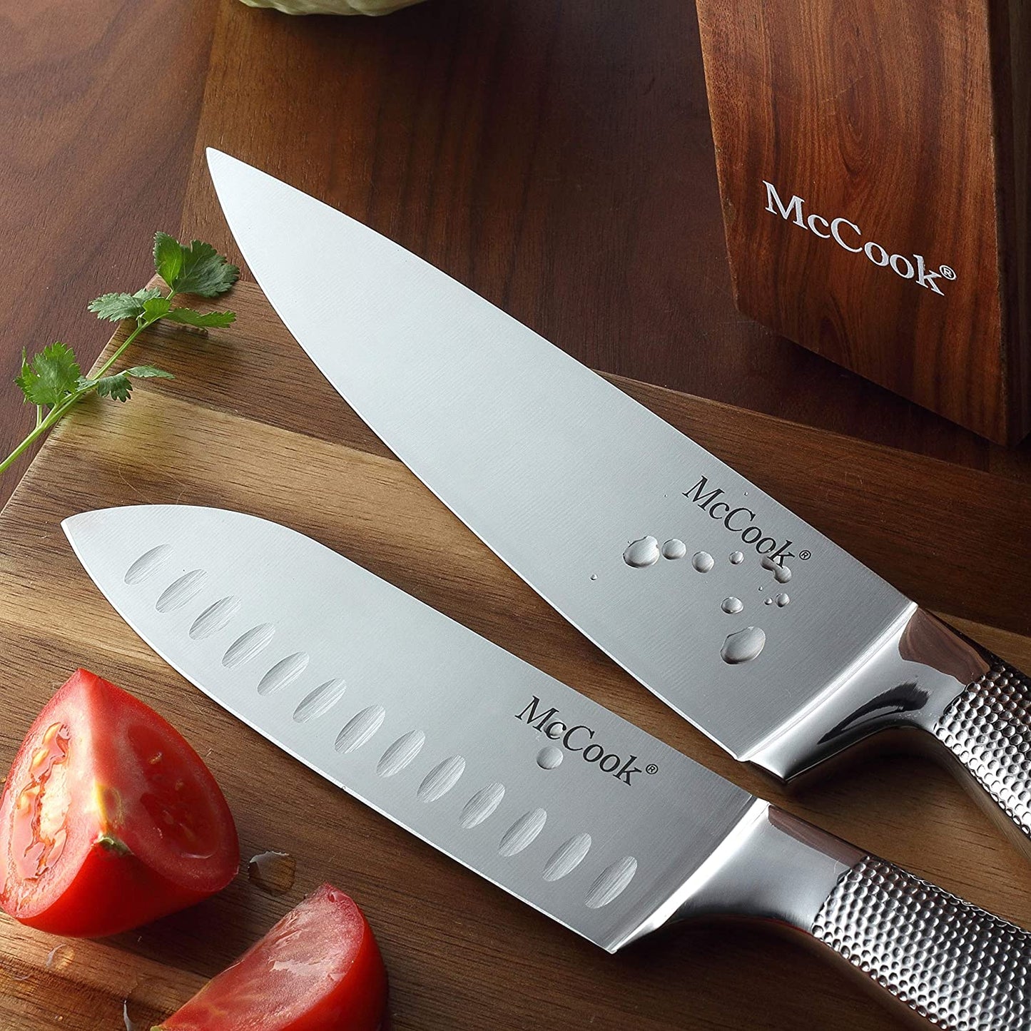 McCook® Premium Knife Sets,MC20 Full Tang Hammered German Stainless Steel Kitchen Knife Set with 8 Pieces Steak Knives and Acacia Block