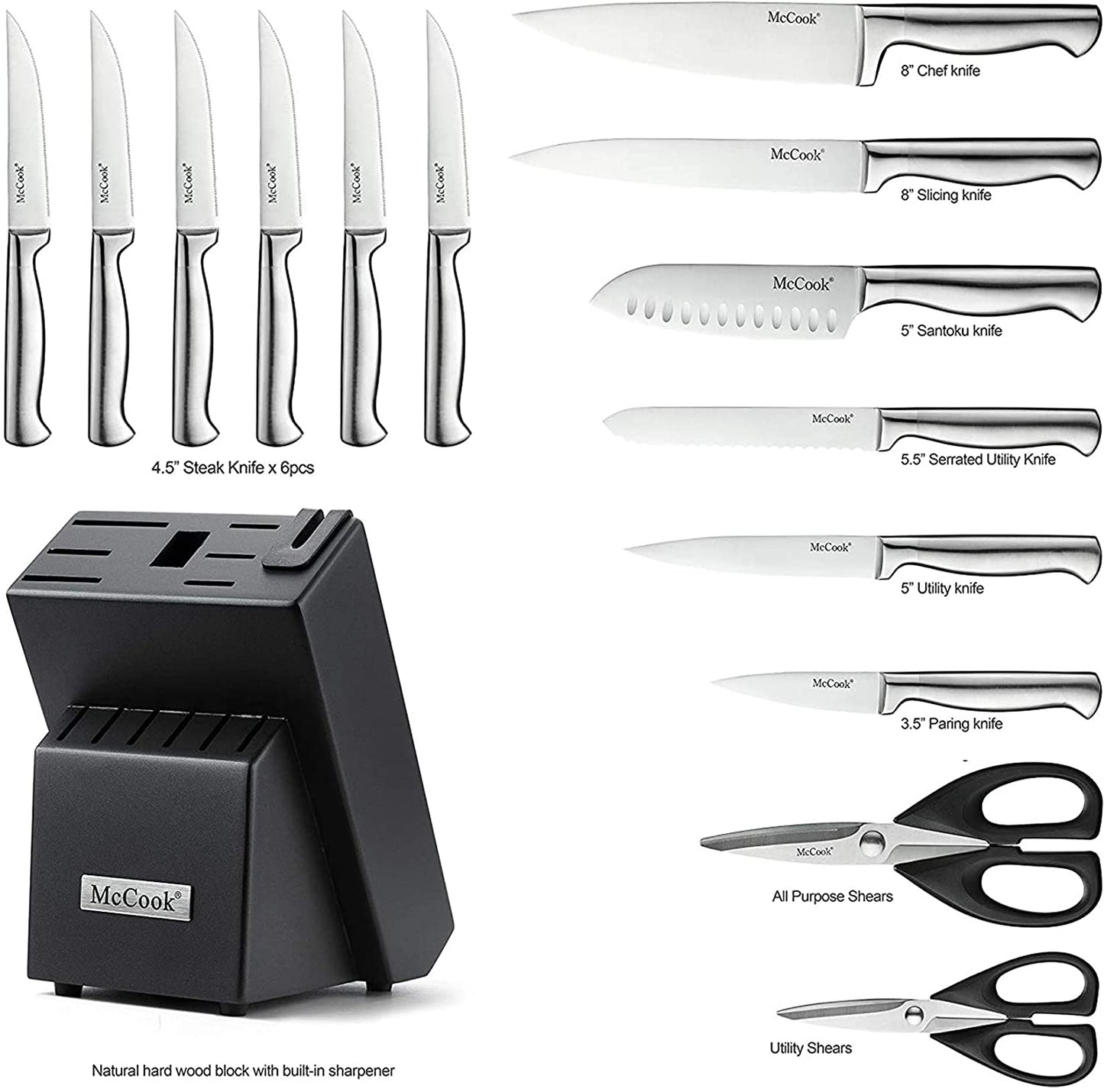 McCook® Knife Sets, MC21 German Stainless Steel Knife Block Sets with Built-in Sharpener