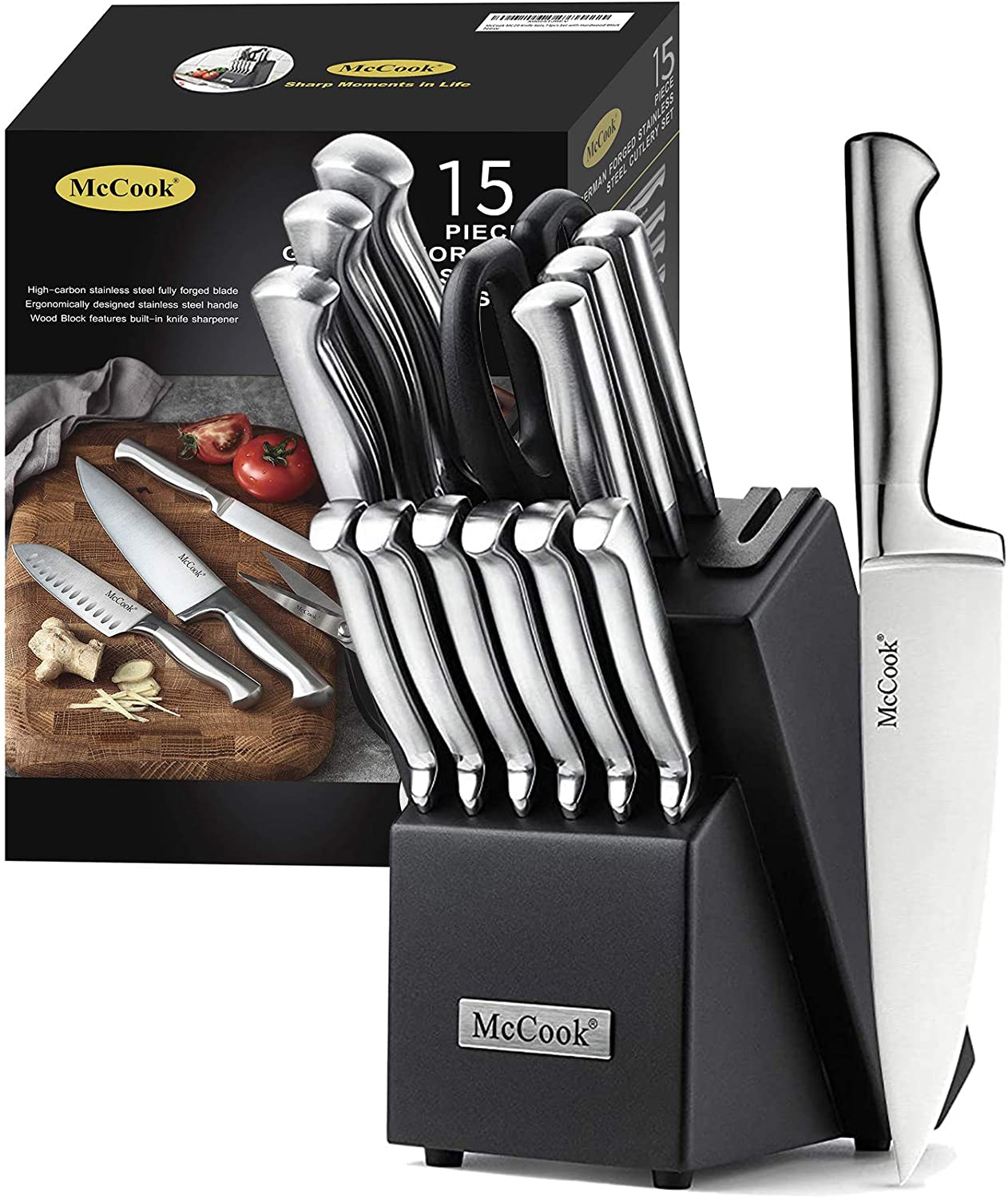 McCook® Knife Sets, MC21 German Stainless Steel Knife Block Sets with Built-in Sharpener