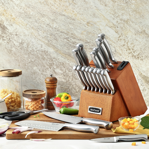 McCook® Kitchen Knife Sets,MC69W German Stainless Steel Knives Block Set with Built-in Sharpener