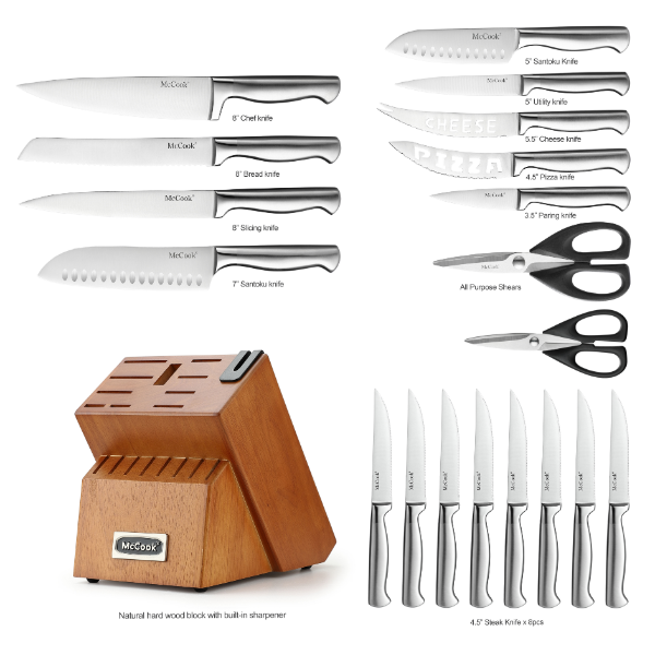 McCook® Kitchen Knife Sets,MC69W German Stainless Steel Knives Block Set with Built-in Sharpener