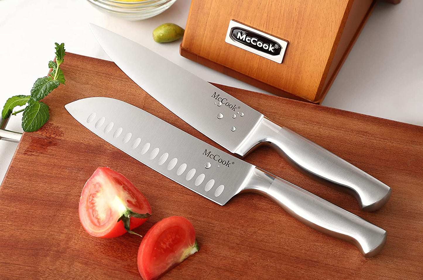 McCook® Kitchen Knife Sets,MC69W German Stainless Steel Knives Block Set with Built-in Sharpener
