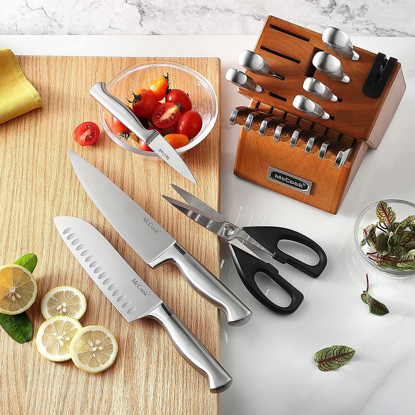 McCook® Kitchen Knife Sets,MC69W German Stainless Steel Knives Block Set with Built-in Sharpener