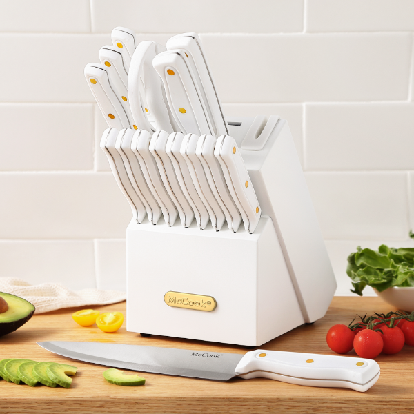 Knife Set with Built-in Sharpener Block, MC703 Kitchen Knife Set with Block, 26 Pcs High Carbon Stainless Steel Kitchen Knife Sets with Block Self Sharpening, White