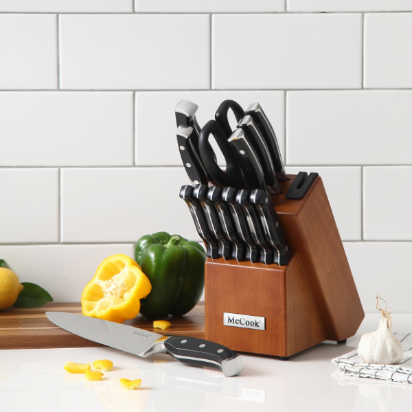 McCook® Knife Sets, MC23A German Stainless Steel Kitchen Knives Set with Built-in Sharpener and Wooden Block