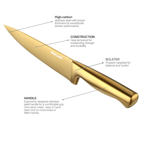 McCook® Kitchen Knife Sets, MC69G Golden Titanium Stainless Steel Knives Block Set with Built-in Sharpener