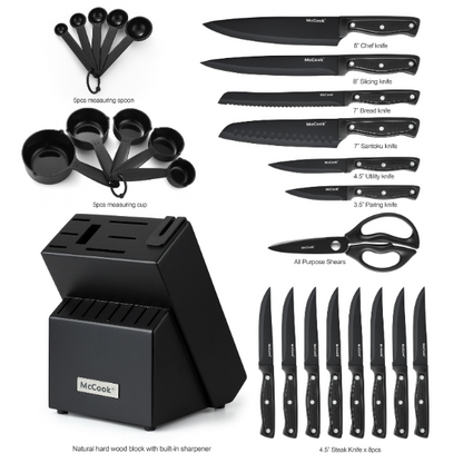 McCook Knife Set with Built-in Sharpener Block, MC701 Kitchen Knife Set with Block, 26 Pcs High Carbon Stainless Steel Kitchen Knife Sets with Block Self Sharpening, Black