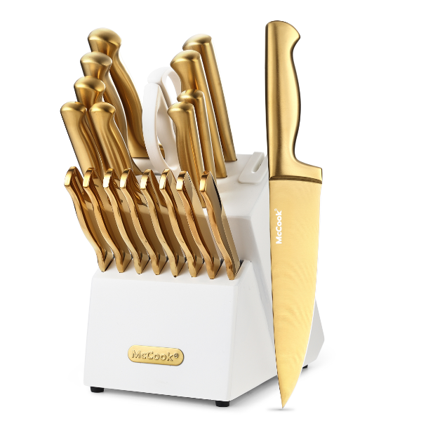 McCook® Kitchen Knife Sets, MC69G Golden Titanium Stainless Steel Knives Block Set with Built-in Sharpener