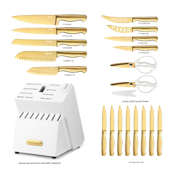 McCook® Kitchen Knife Sets, MC69G Golden Titanium Stainless Steel Knives Block Set with Built-in Sharpener