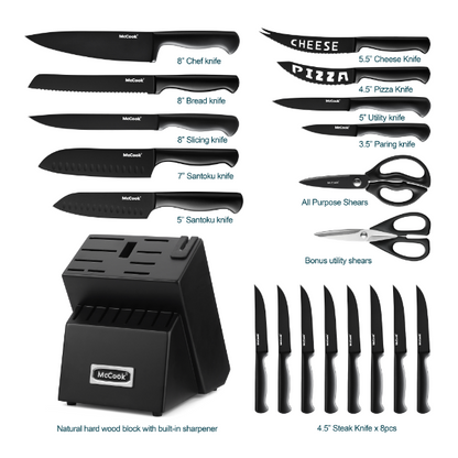 McCook® Premium Black Knife Sets,MC69C German Stainless Steel Kitchen Knives Block Set with Built-in Sharpener