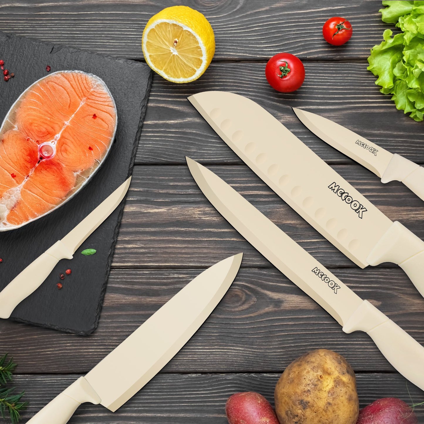 MoCook MO33W Kitchen Knife Set, 16 Pcs Knives Block Set with Built-in Sharpener, Healthy Anti-Rust Coating & German Stainless Steel Knife Set, Dishwasher Safe Beige