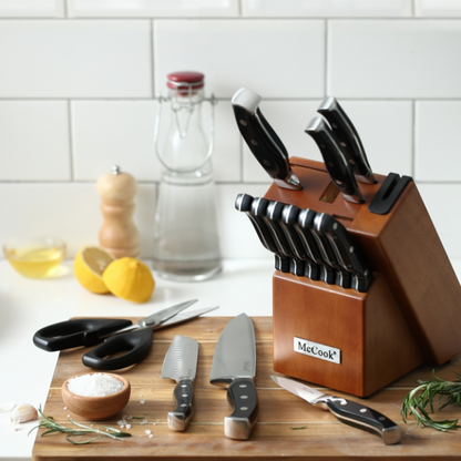 McCook® Knife Sets, MC23A German Stainless Steel Kitchen Knives Set with Built-in Sharpener and Wooden Block