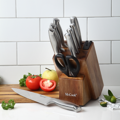 McCook® Knife Sets with Built-in Sharpener,MC35 German Stainless Steel Hollow Handle Kitchen Knives Set in Acacia Block