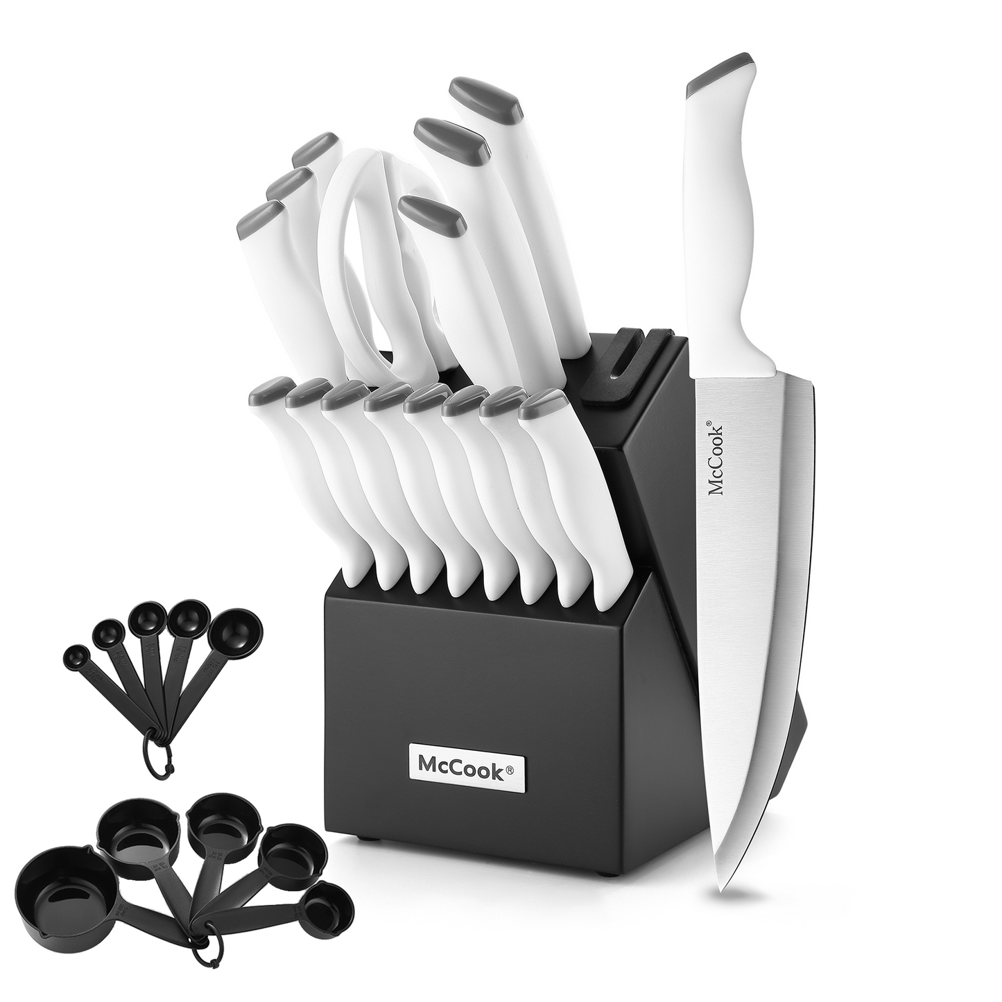 MC705，McCook Block Knife Set, 26PCS Ultra- Sharp Cutlery Knife Set with Steel Blades for Precise Cutting,Lightweight, Stainless Steel Knife Set with Built-in Knife Sharpener,Measuring Cups and Spoons