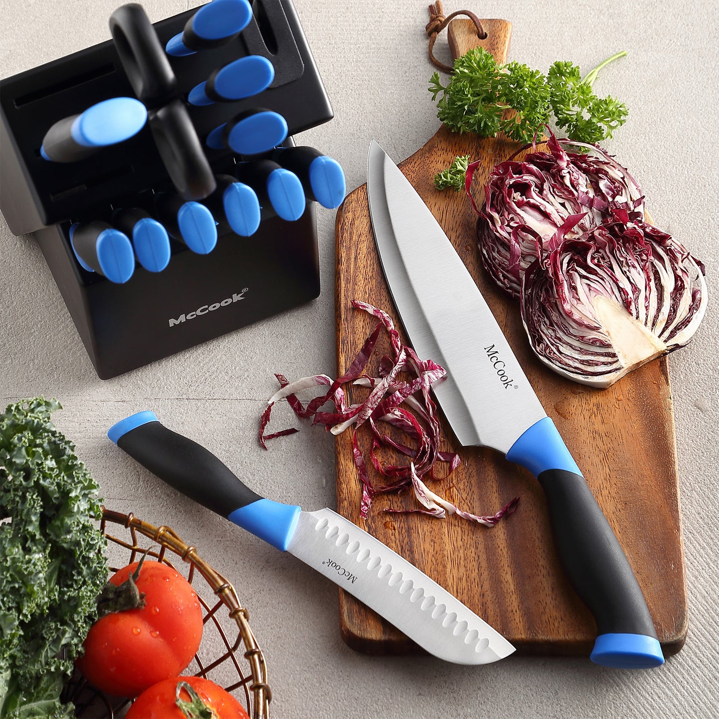 MC706，McCook Knife Set For Home, 24PCS Ultra- Sharp Cutlery Knife Set with Steel Blades for Precise Cutting,Lightweight, Stainless Steel Knife Set with Built-in Knife Sharpener,Measuring Cups and Spoons