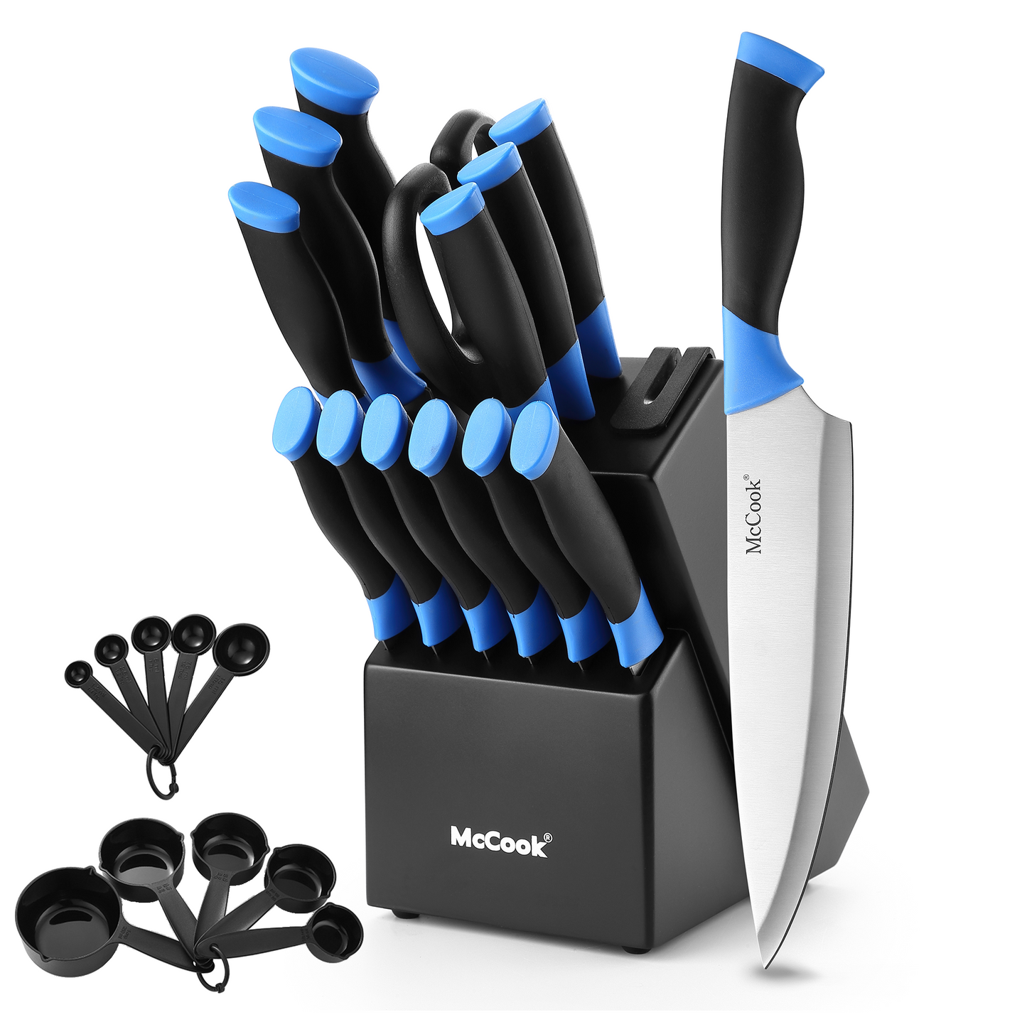 MC706，McCook Knife Set For Home, 24PCS Ultra- Sharp Cutlery Knife Set with Steel Blades for Precise Cutting,Lightweight, Stainless Steel Knife Set with Built-in Knife Sharpener,Measuring Cups and Spoons