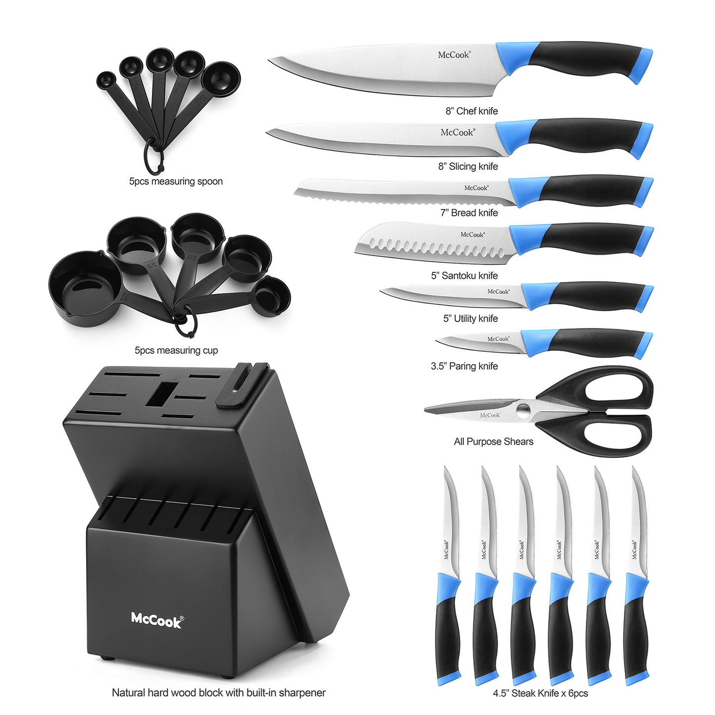 MC706，McCook Knife Set For Home, 24PCS Ultra- Sharp Cutlery Knife Set with Steel Blades for Precise Cutting,Lightweight, Stainless Steel Knife Set with Built-in Knife Sharpener,Measuring Cups and Spoons