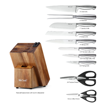 McCook® Knife Sets with Built-in Sharpener,MC35 German Stainless Steel Hollow Handle Kitchen Knives Set in Acacia Block