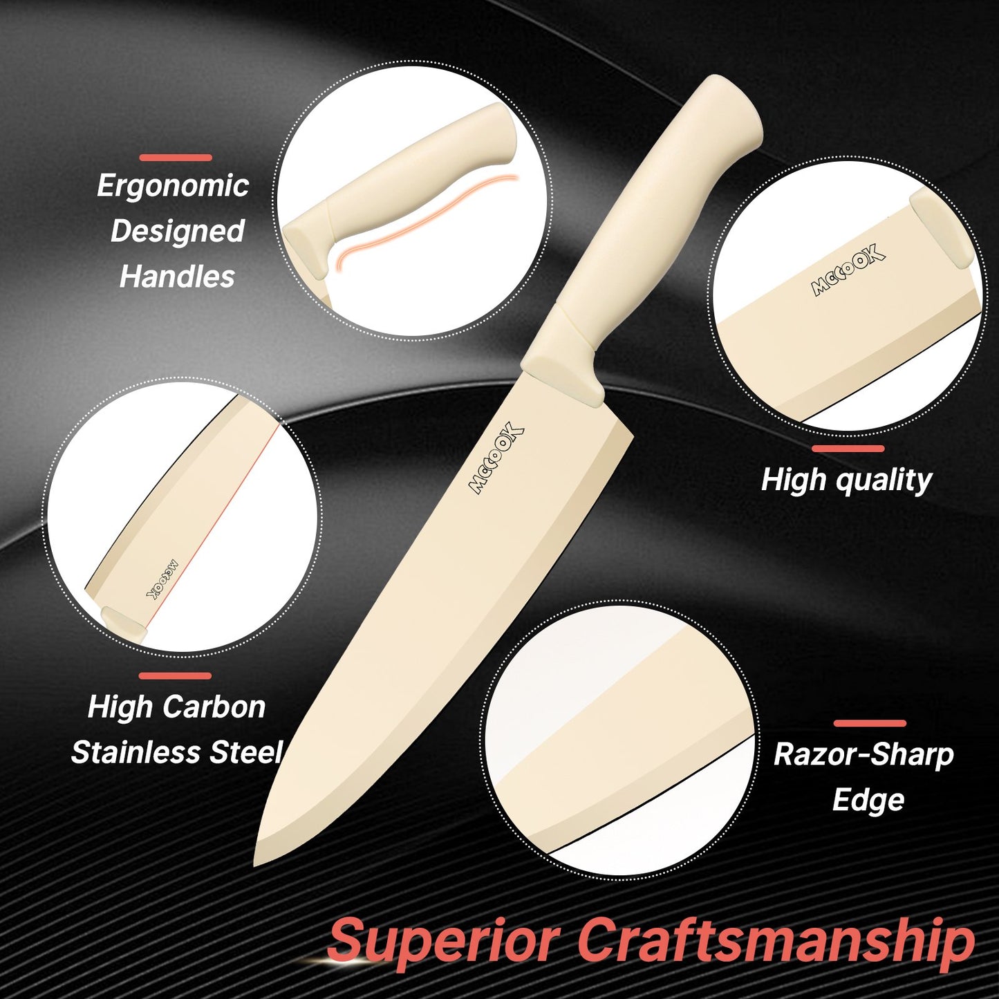 MoCook MO33W Kitchen Knife Set, 16 Pcs Knives Block Set with Built-in Sharpener, Healthy Anti-Rust Coating & German Stainless Steel Knife Set, Dishwasher Safe Beige