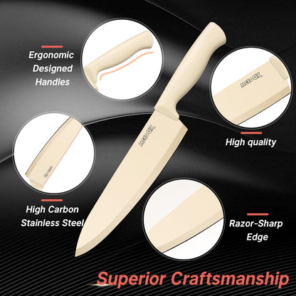 MoCook MO33W Kitchen Knife Set, 16 Pcs Knives Block Set with Built-in Sharpener, Healthy Anti-Rust Coating & German Stainless Steel Knife Set, Dishwasher Safe Beige