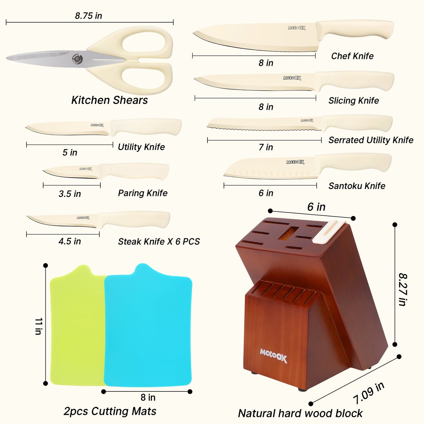 MoCook MO33W Kitchen Knife Set, 16 Pcs Knives Block Set with Built-in Sharpener, Healthy Anti-Rust Coating & German Stainless Steel Knife Set, Dishwasher Safe Beige