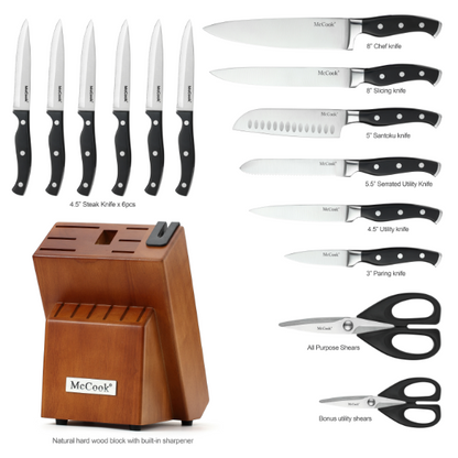 McCook® Knife Sets, MC23A German Stainless Steel Kitchen Knives Set with Built-in Sharpener and Wooden Block