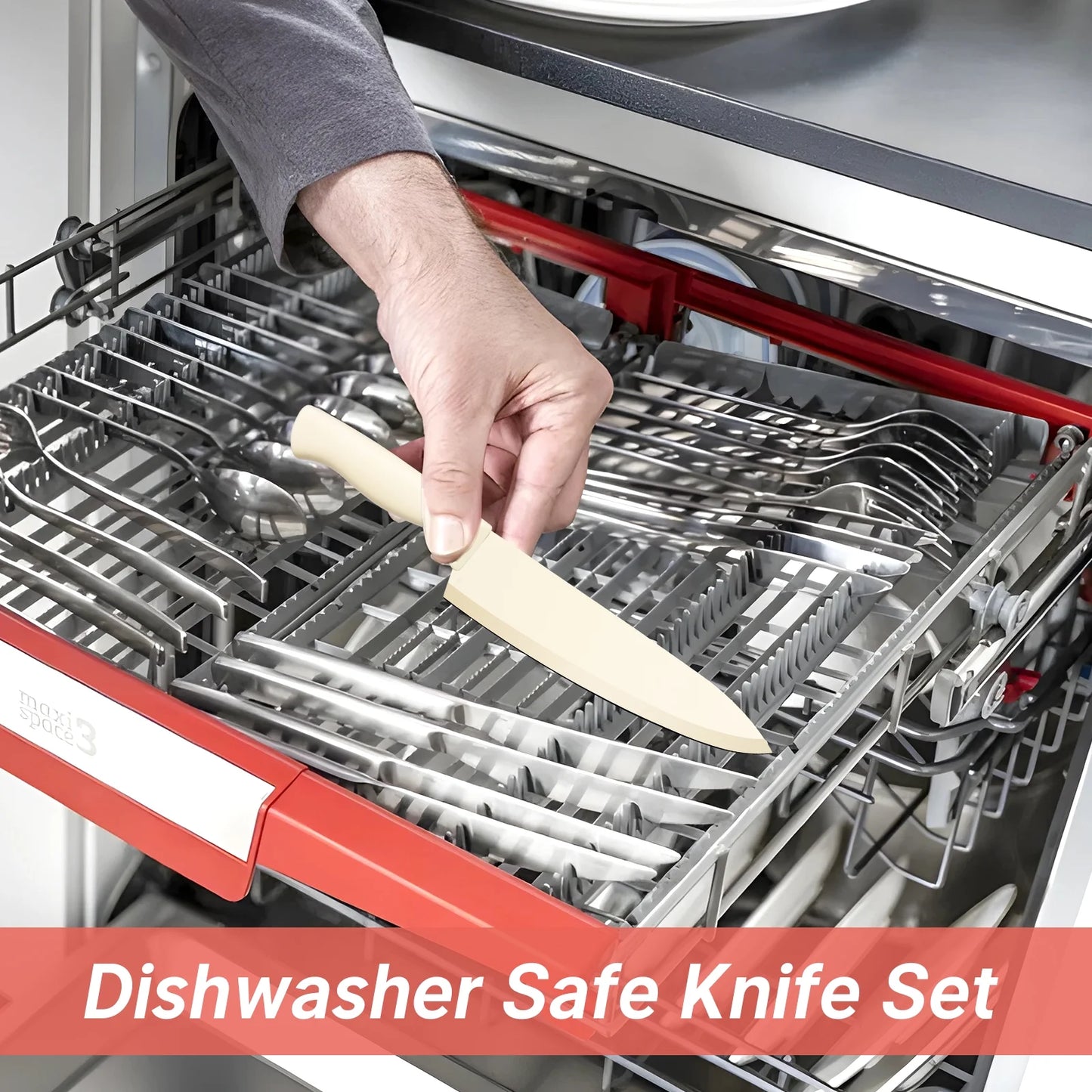 MoCook MO33W Kitchen Knife Set, 16 Pcs Knives Block Set with Built-in Sharpener, Healthy Anti-Rust Coating & German Stainless Steel Knife Set, Dishwasher Safe Beige