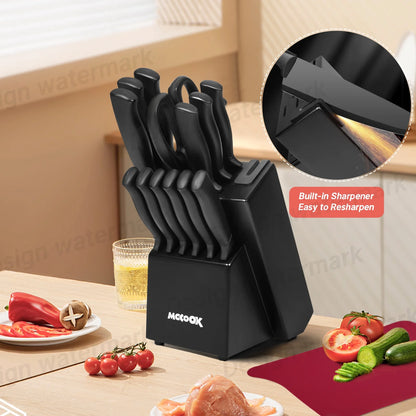 MoCook MO33B Kitchen Knife Set, 16 Pcs Knives Block Set with Built-in Sharpener, Healthy Anti-Rust Coating & German Stainless Steel Knife Set, Dishwasher Safe Black