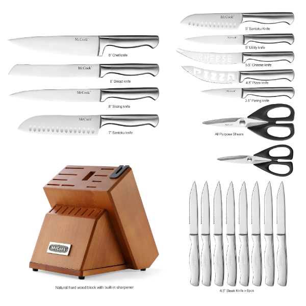 McCook® Knife Sets,MC69 German Stainless Steel Kitchen Knives Block Set with Built-in Sharpener