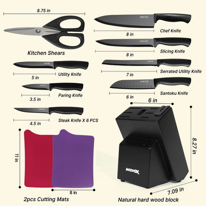 MoCook MO33B Kitchen Knife Set, 16 Pcs Knives Block Set with Built-in Sharpener, Healthy Anti-Rust Coating & German Stainless Steel Knife Set, Dishwasher Safe Black