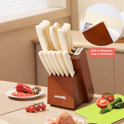 MoCook MO33W Kitchen Knife Set, 16 Pcs Knives Block Set with Built-in Sharpener, Healthy Anti-Rust Coating & German Stainless Steel Knife Set, Dishwasher Safe Beige