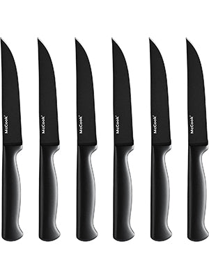 McCook MC59B Steak Knives Set of 6,4.5 Inch Non-stick One-piece Stainless Steel Steak Knives Sets,Black