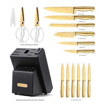 McCook® Knife Sets, MC21GB Golden Titanium Stainless Steel Kitchen Knife Block Sets with Built-in Sharpener