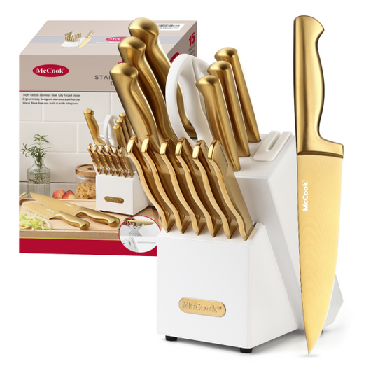 McCook® Knife Sets, MC21G Golden Titanium Stainless Steel Kitchen Knife Block Sets with Built-in Sharpener