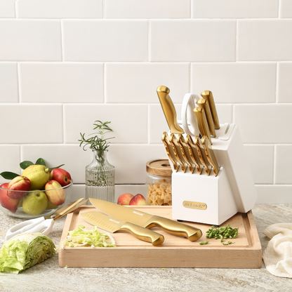 McCook® Knife Sets, MC21G Golden Titanium Stainless Steel Kitchen Knife Block Sets with Built-in Sharpener