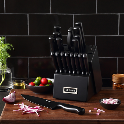 McCook® Premium Black Knife Sets,MC69C German Stainless Steel Kitchen Knives Block Set with Built-in Sharpener